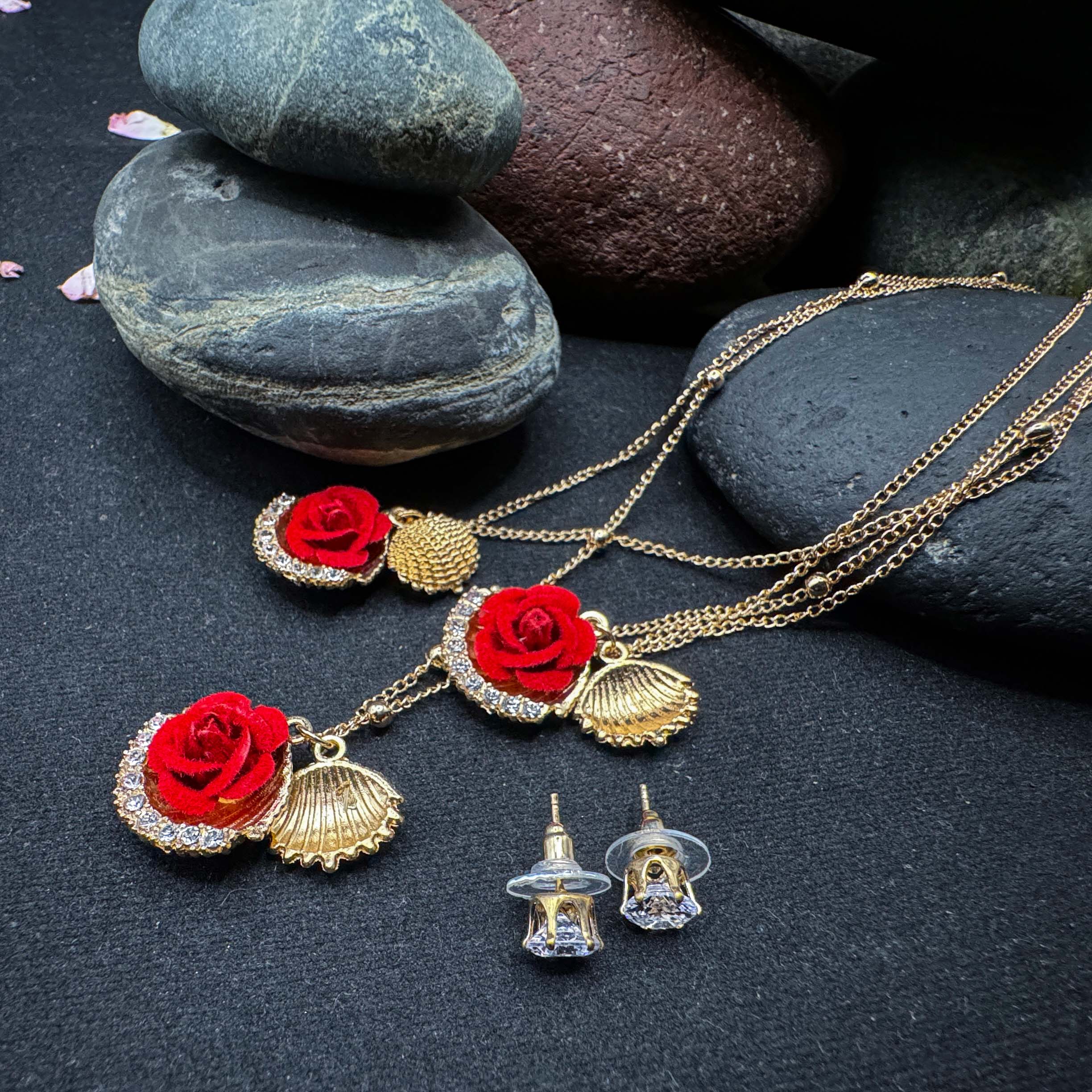 Golden Red Rose Necklace and Earring Set